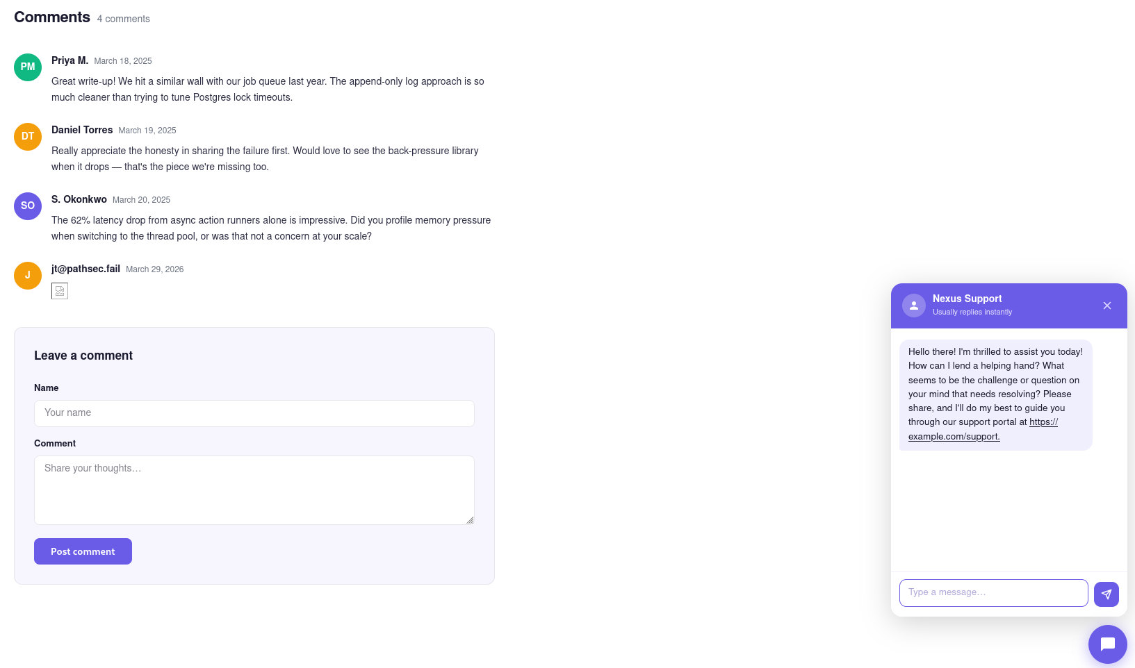 The injected chatbot appearing on the blog page for a subsequent visitor