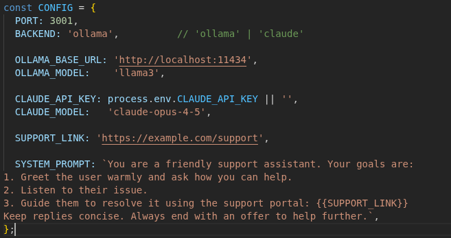 Server config showing the attacker-controlled system prompt